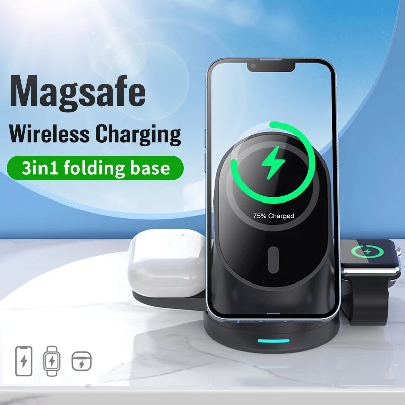 Magnetic wireless charger vertical three in one wireless charging stand suitable for Apple phones headphones and watcheser
