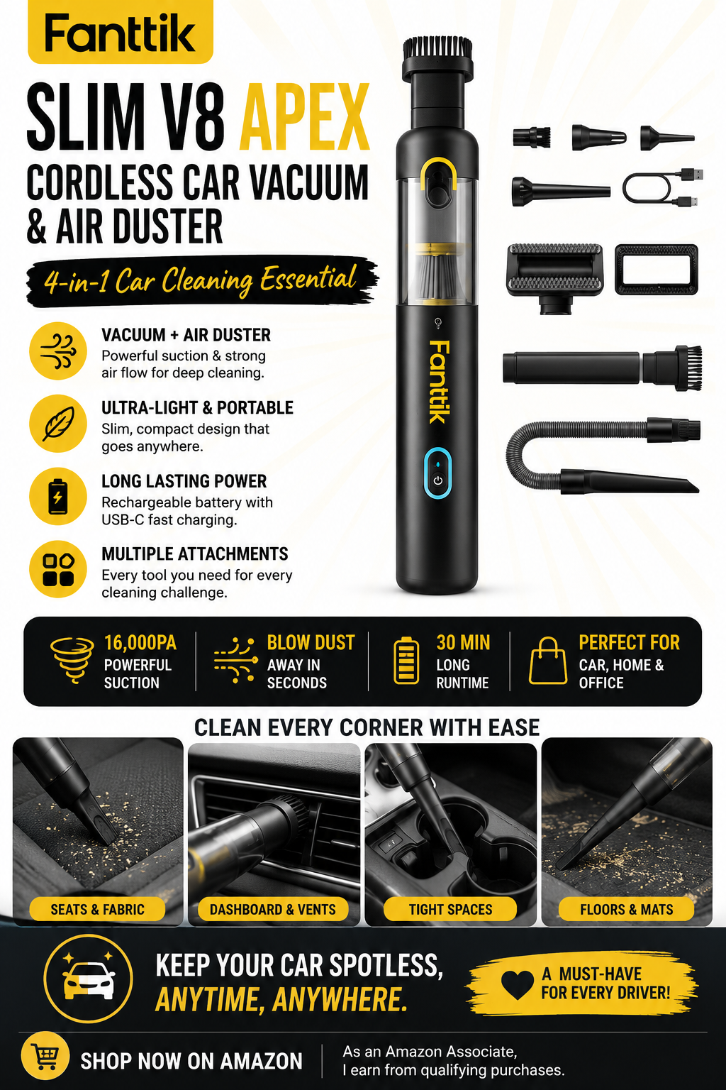 Fanttik Slim V8 APEX Cordless Car Vacuum & Air Duster – Portable 4-in-1 Car Cleaning Essential